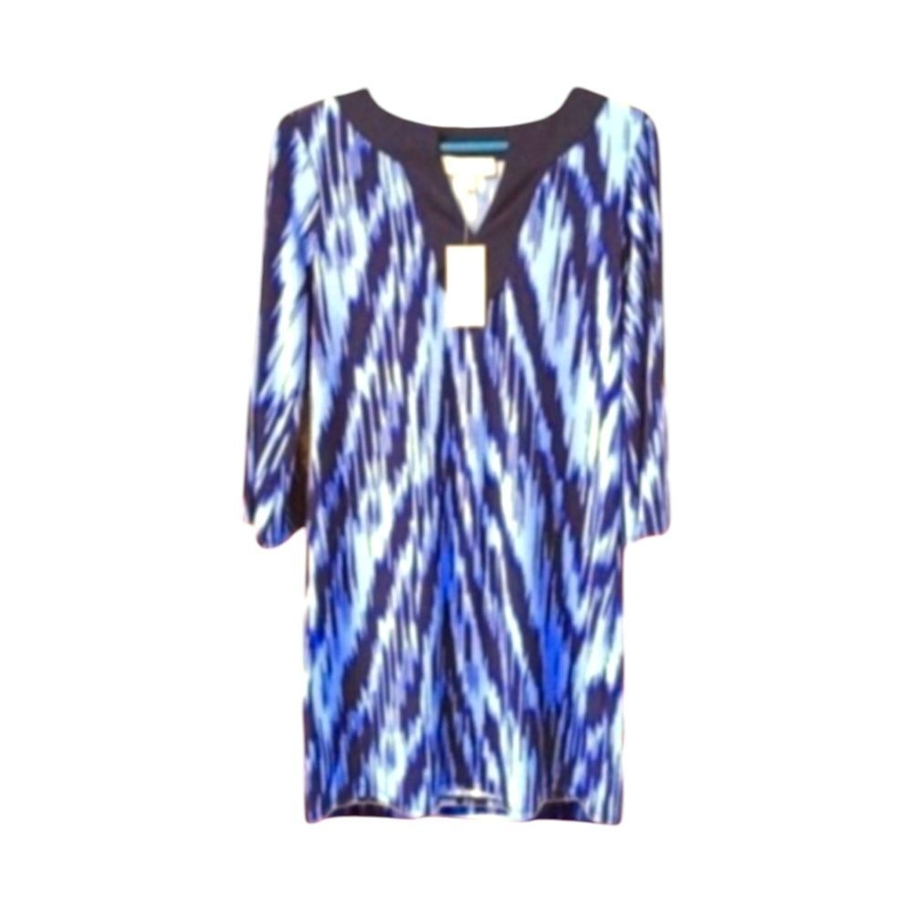 Michael Kors Women's navy blue & sky blue V- neck abstract design midi dress.